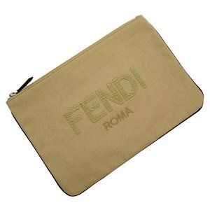 Auth FENDI POUCH MEDIUM Clutch Bag SAND+NERO Canvas COTONE 7N0111 - h28584f